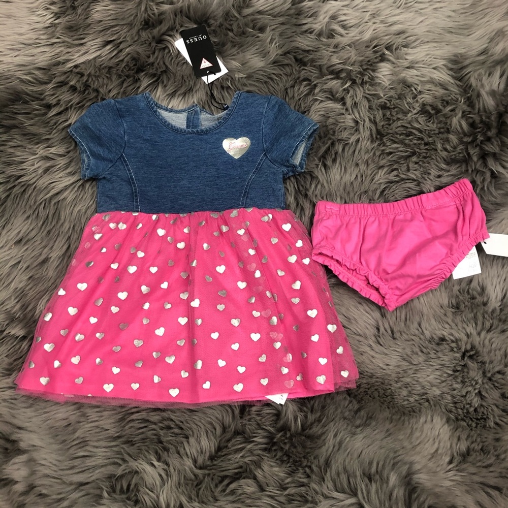 Guess | Girls Denim & Hearts Dress | Blue & Pink | Various Sizes